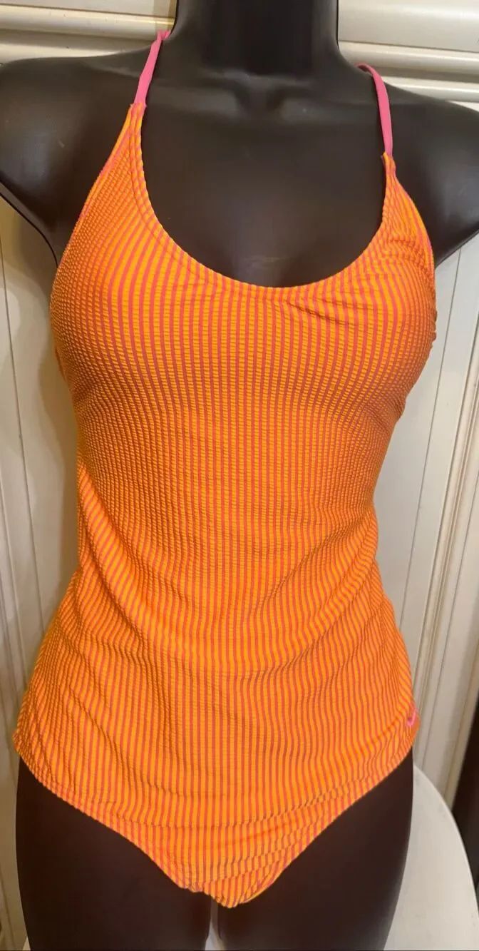 Nike Teen Girls Ripple Texture Striped Lace Up One Piece Swimsuit Pink Orange XL